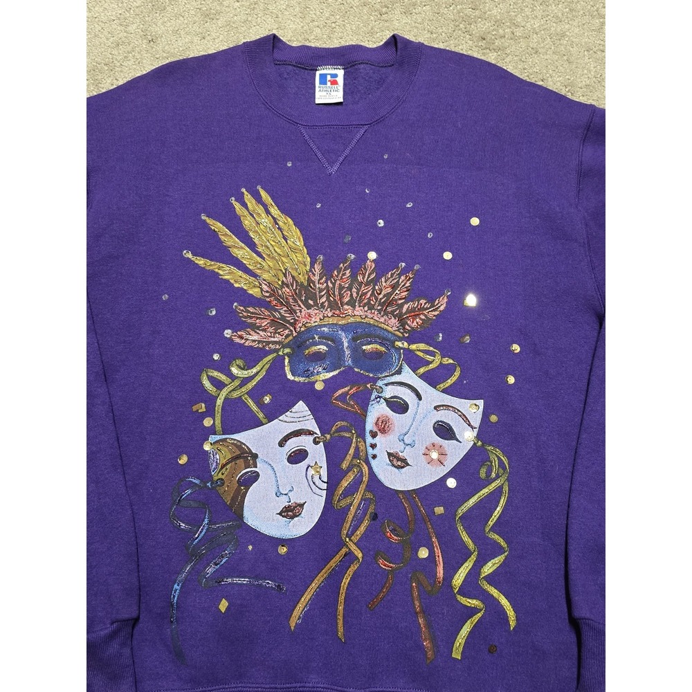 80s Vintage Mardi Gras Sweatshirt Mens XL Purple Russell‎ Athletic Made In USA - Picture 3 of 16